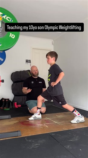 Richie Patterson on Instagram: "Teaching my 10yo son Olympic Weightlifting. Split jerk - finding foundation and how it should feel, + accumulation of landing in the split position with stability. All this with the feet before adding a broomstick Also realising he leads with his right foot. #weightlifting #olympicweightlifting #oly #crossfit #gym #olympics #training #fitness"