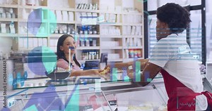 Animation of statistical data processing over diverse waiter giving a snack to a waitress at a cafe