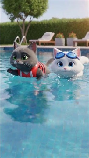 two kittens practicing swimming
