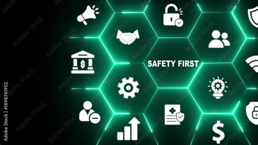 Safety first and work safety concept. Safety at workplace, safety first, protections, health, regulations and group insurance. Working standard process. Zero accidents. Operational excellence concept