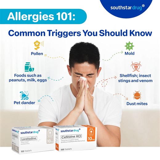 Sneezing nonstop? It might be more than just the weather! Learn the common allergy triggers and how to keep symptoms at bay. 💙 Stay informed, stay allergy-free because your health matters. 🩺 Visit your nearest Southstar Drug store for trusted allergy relief essentials today! | Southstar Drug