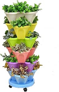 Large 3 Petals 6 Tiered Vertical Gardening Planter Stackable Flower Pot Tower,with Rolling Caddy for Indoor Outdoor Herbs Vegetables