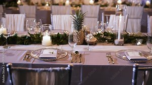 Table set for a wedding reception and Wedding table rustic style decor with dishes, banquet dining table.