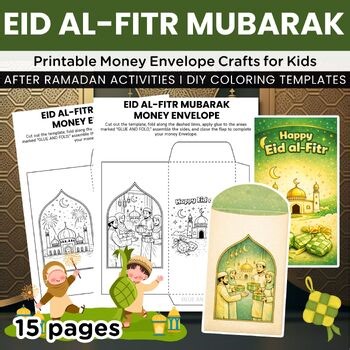Eid al-Fitr Mubarak Envelope Coloring Crafts, Money Envelope Templates for Kids