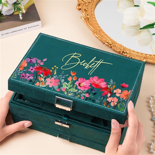 Personalized Velvet Jewelry Box: Floral Name, Large Jewelry Storage Organizer - Etsy
