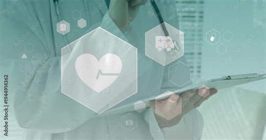 Female clinician writing on chart, heart hex appearing and syncing EKG icons while recording vitals