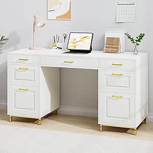 57” Executive Desk with 7 Drawers, White Office Desk with Storage Cabinet, File Drawer, Computer Desk for Home Office, Wood Writing Desk, White & Gold