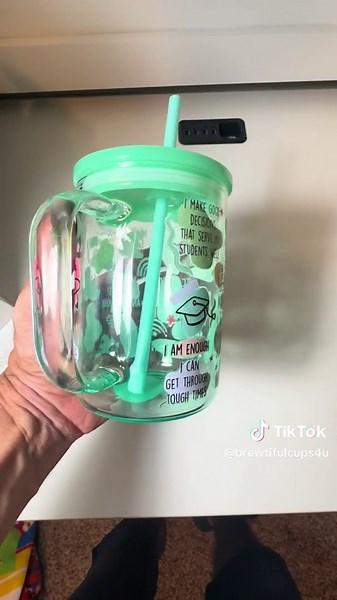 Glass cup mugs with #uvdtfcupwraps #tiktokshop #follow #me add my business account @BrewtifulCups and show some #support really in need for some #support 🦋🫶🏻💕