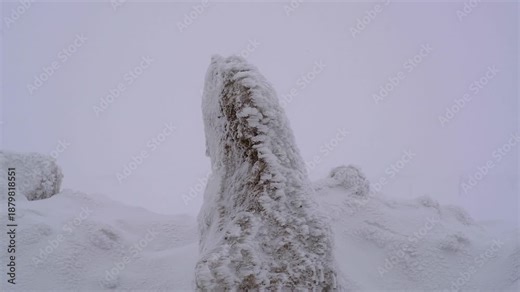 Snow layers accumulating on rugged rock during severe winter storm in frozen mountain landscape. Icy formations shaped by blizzard winds reveal harsh cold season textures across alpine nature.