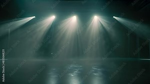 Empty stage with multiple spotlights and fog effects.