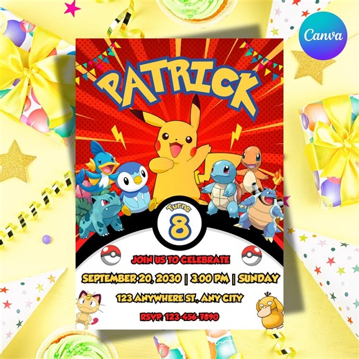 Editable Pokemon Invitation, Pokemon Birthday Invitation, Printable Birthday Party Invitations, Party Invite Template, Digital Download - Etsy