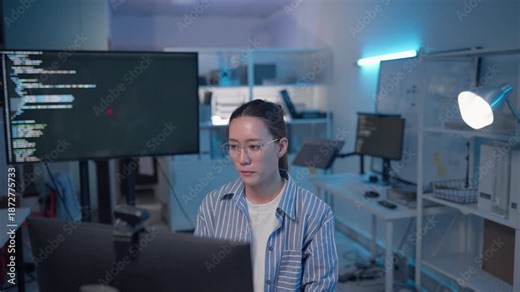 Asian woman software developer concentrated analyzing program output with multiple monitors at night. Professional female software engineering lifestyle.