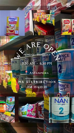 🎉 OUVERTURE OFFICIELLE – MA DISTRIBUTION 🎉 Aujourd’hui, on ouvre nos portes… et on ouvre une nouvelle histoire 💙 Chez MA Distribution, on a une mission simple : offrir le meilleur pour les tout-petits, au meilleur prix. 🍼 Laits infantiles 🥣 Céréales & petits pots 👶 Couches de qualité Famille, qualité, confiance ? 🤪 c’est notre ADN. 🥰 Et dès aujourd’hui, vous faites partie de la famille. 🥰 ✨ Venez découvrir nos produits ✨ Stock 100 % authentique ✨ Prix grossiste imbattables MA Distributi
