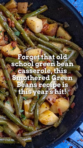 You will love these Southern-style smothered green beans and potatoes made with smoky bacon and Cajun spices, slow-simmered to tender perfection, the ultimate one-pan comfort side dish. >> Comment “RECIPE" and I'll send this recipe straight to your DMs! 🥳 Recipe ⬇️ https://www.chilipeppermadness.com/recipes/smothered-green-beans/ Ingredients: 6 slices thick-cut bacon chopped (or use 2 cups diced ham - or both!) 1 pound fresh green beans trimmed (or use frozen, thawed) 1 pound red potatoes chopp