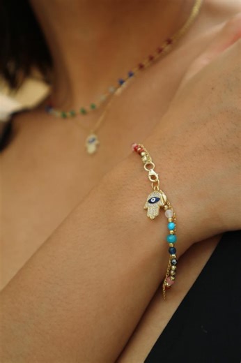 Bracelet avec code d'activation des sept chakras 528 Hz | Charm mauvais œil | Bijoux spirituels | Bracelet de pierres précieuses | Bracelet de méditation | Plaqué or - Etsy France