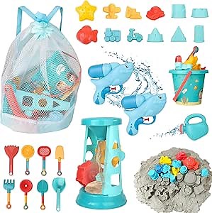 Beach Toys, 25 Pcs Sand Toys Set for Kids Including Water Gun, Sifting Funnel, Bucket, Watering Can, Sand Molds & Mesh Beach Toy Bag, Sandbox Toys for Toddlers 3-12