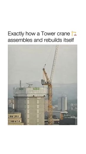 A tower crane “builds itself” using a climbing frame (or jacking cage), which acts like a motorized sleeve around the crane’s mast. While a smaller mobile crane is used for initial setup, the self-climbing process allows the crane to reach massive heights through repeated cycles. The climbing frame is bolted to the top section of the mast. Hydraulic rams push the entire upper crane (cab, jib, counterweights) up by about 20 feet. The crane then uses its own hook to lift a new mast section from th