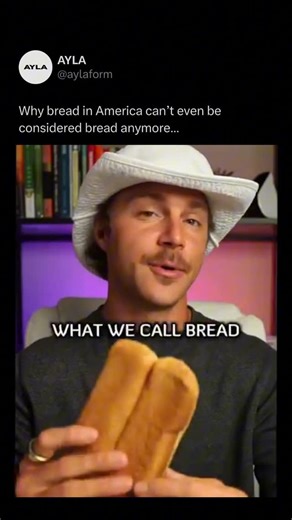 Ayla on Instagram: "Bread used to be 4 ingredients: flour, water, salt, yeast. Now read the label on most supermarket loaves in America. You’ll find dough conditioners, emulsifiers, preservatives, added sugars, seed oils, and chemicals like potassium bromate (restricted or banned in parts of Europe) still allowed in the U.S. Modern industrial bread is engineered for shelf life and profit, not simplicity. Soft for weeks. Doesn’t mold. Uniform texture. Mass produced. That’s food science, not tradi