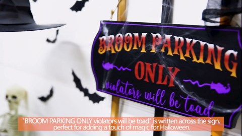 Halloween Decorations - Halloween Decor - Broom Parking Sign with 3 Wooden Witches Brooms - Cute Hocus Pocus Front Porch Wall Decor for Indoor Outdoor Home Office Party Decoration