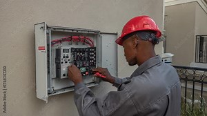 Technician mounting a fire alarm control panel on a wall in a commercial building ensuring proper wiring and setup for fire emergency alerts.
