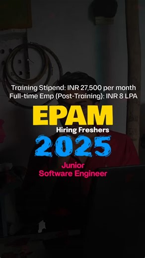 Shamshu Talks on Instagram: "8 LPA for Freshers? 😱 EPAM Recruitment 2025 EPAM is hiring Junior Software Engineer Trainees for the 2025 batch 🎓 If you’re a BE/BTech (CSE/IT) or MCA graduate, this is your chance to start your tech career with one of the best companies in India 🇮🇳 💼 Role: Junior Software Engineer - Trainee 📍 Location: Bangalore, India 🎯 Eligibility: BE/BTech (CSE/IT) or MCA 70% in Graduation, 60% in 10th & 12th No active backlogs Strong in DSA, OOPs, SQL, Git 💰 Stipend: ₹27