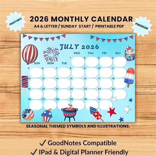 July 2026 Printable Calendar Horizontal Monthly Calendar July 2026 Planner Sunday Start Letter Size Seasonal Calendar Instant Download PDF - Etsy UK