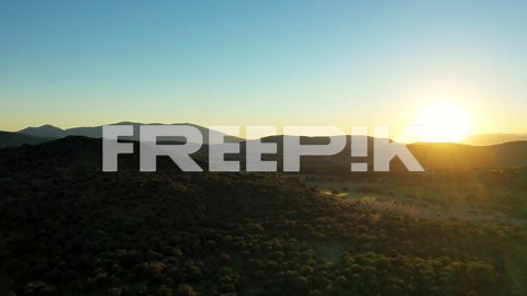 Backlit drone filming in the spectacular Tiétar Valley where we see hills full of green trees, meadows, a mountain system in the background with a blue sky and striking flashes produced by the sun | Premium Stock Video Footage