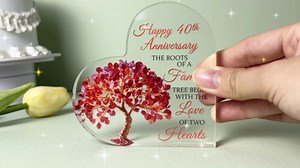 40th Wedding Anniversary Heart Acrylic Plaque, 40th Ruby Wedding Cake Topper Decorations, 40 Years Of Married Gifts For Parents, Tree of Life Anniversary Wedding Gifts for Couples