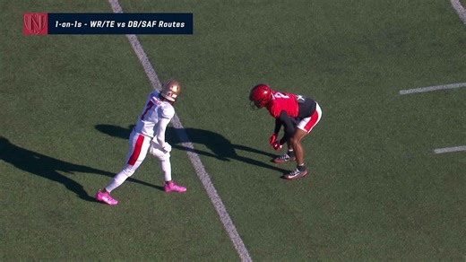 Tyren Montgomery mosses a DB in the end zone for TD in 1-on-1 drill at Senior Bowl practice