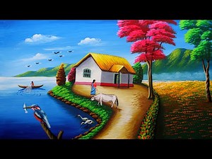 Simple village scenery drawing painting | easy paint with biswanath