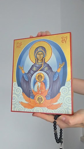 Our Lady of the Sign ☦️💜✝️ - This icon is rich in symbolism and meaning. Mary's hands are raised in prayer in the orans position, and Christ appears within her, in a medallion over her womb. He is not shown as an infant, but with a mature expression to reveal that He is both fully God and fully man. The icon refers to the prophecy in Isaiah: “Therefore the Lord himself will give you a sign. The virgin will be with child and will give birth to a son and will call him Emmanuel.” - Mary is the ful