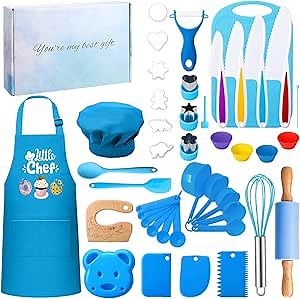45 Pcs Kids Cooking Set Real with Gift Box Baking Set Kitchen Tools for Girls Boys,Real Knife, Baking Set, Pots & Pans, Pretend Play Toys - Apron & Chef Hat Great for Role Play