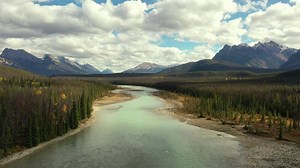 Aerial view of the Athabasca River in Alberta, Canada.