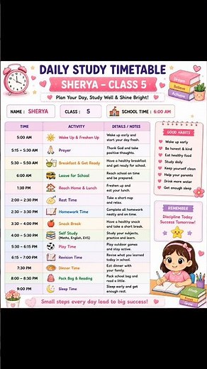 Class 5 Daily Study Timetable 📚 | Sherya's Best Study Routine 2026 | Morning School Time Table