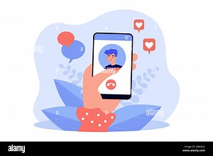 Hand holding phone with video call with cartoon person on screen. Girlfriend video calling boyfriend via smartphone flat vector illustration. Technolo Stock Vector Image & Art - Alamy