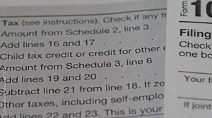 U.S. Form 1040 Individual Income Tax Return. Close-up view. Dollar bills on Form 1040. Tax payment concept. Stock Video