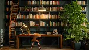 Video animation of large wooden desk occupies the center of the room. A classic green desk lamp is turned on, illuminating the workspace.