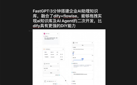 FastGPT:3分钟搭建企业AI助理知识库，融合了dify+flowise，比dify具有更强DIY能力，支持oneapi接入多个大模型，可作saas对外服务