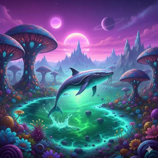 A beautiful alien planet with a whale jumping out of the water. #motion #CapCut #landscape #AI #alien