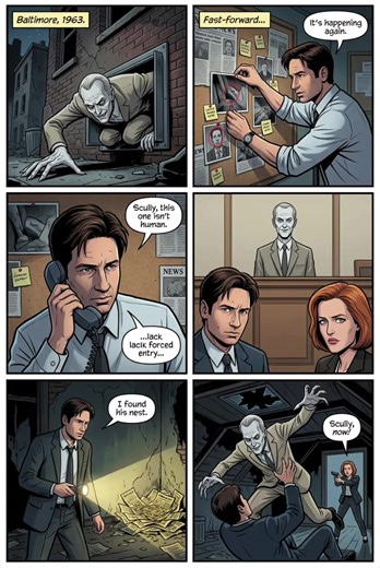 We turned one of the most iconic X-Files episodes into a comic strip using AI. Tooms is back. 🪲 Try it yourself with Stoodl. #xfiles #aiart #stoodl #comicstrip #nostalgia