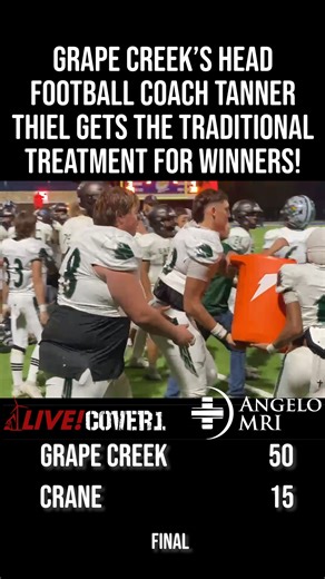 Grape Creek High wins 50-15 over Crane Football for the 1st Round of the 2025 Playoffs, the first playoff win in Grape Creek's Young history! Grape Creek's Head Football Coach Tanner Thiel gets the royal treatment. @Angelo MRI Follow #txhsfb on @SanAngeloLIVE | San Angelo LIVE!