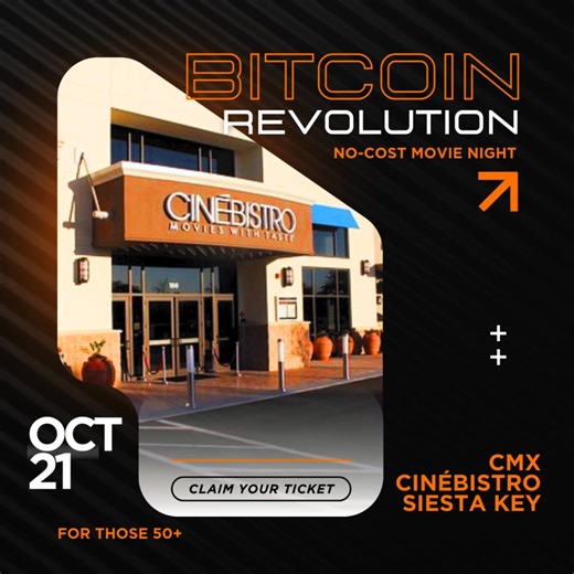 7-figure bitcoin in 20_ _? Everyone’s talking about the meteoritic rise of digital assets, but what’s the truth? Is this the next “dot com” or the future of investing? If you are in or nearing retirement, you need to know one thing is certain, Bitcoin is going to change everything. The question is – will you benefit from the largest wealth transfer in history? Don’t miss this free private showing of The Bitcoin Revolution Movie at the CMX Cinebistro Siesta Key on Tuesday, October 21st. You’ll di
