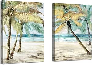 Amazon.com: ARTISTIC PATH Beach Palm Trees Wall Art: Abstract Coastal Seascape Hand Painted Artwork Painting on Canvas Pictures for Living Room (11" W x 16" H x 2 PCS, Multi-Sized): Paintings