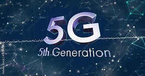 Animation of network of connections over 5g 5th generation text