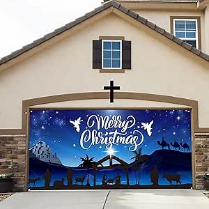 Funtery Outdoor Holy Nativity Christmas Holiday Garage Door Banner Cover Barn Birth of Jesus Nativity Backdrop Large Manger Scene Religious Blue Christmas Backdrop Decoration 6.1 x13 ft