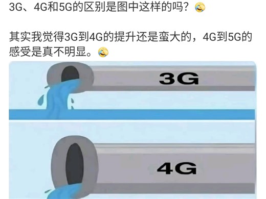 3G、4G和5G的区别是图中这样的吗?其实我觉得3G到4G的提升还是蛮大的，4G到5G的感受是真不明显。