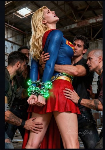 Bound in kryptonite chains, a gang of men proceed to manhandle Supergirl.