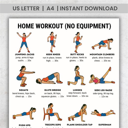 Home Workout Printable – 16 No Equipment Exercises | Full Body Workout Poster A4 PDF | Fitness Exercise Chart for Home Gym Wall Decor - Etsy Ireland