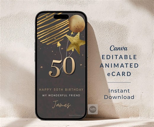 Animated 50th Birthday Card, Personalized Black & Gold Card for Men, Friend Custom Fifty Birthday Video Greeting, Instant Digital Gift - Etsy