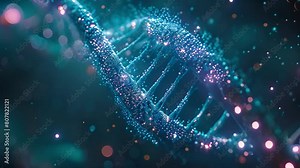 A digital illustration of a luminous DNA strand with sparkling nodes.